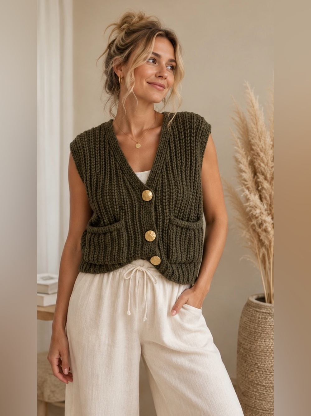 Olive Green Chunky Knit Cropped Sweater Vest Cardigan Gold Buttons Size L